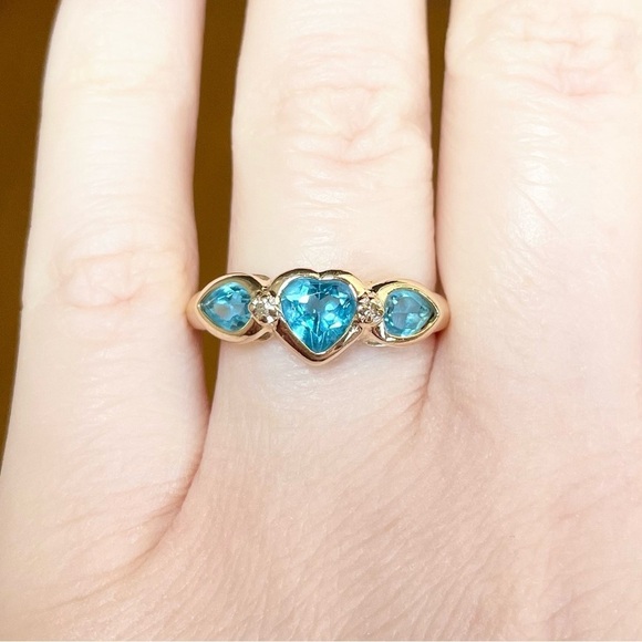 14K Swiss Blue Topaz Diamond Heart Marquis triplet solid yellow gold ring - Picture 3 of 10